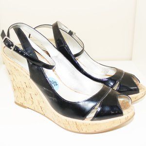 Guess Black Ankle Strap Patent Peep Toe Wedges